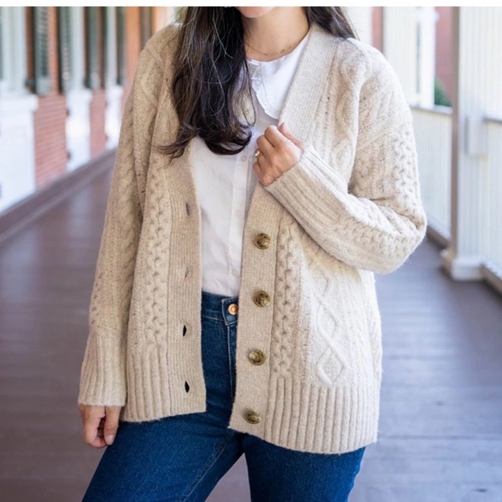 J. Crew Cable-Knit Merino Wool Alpaca Blend Cardigan Sweater Off White Cream S
